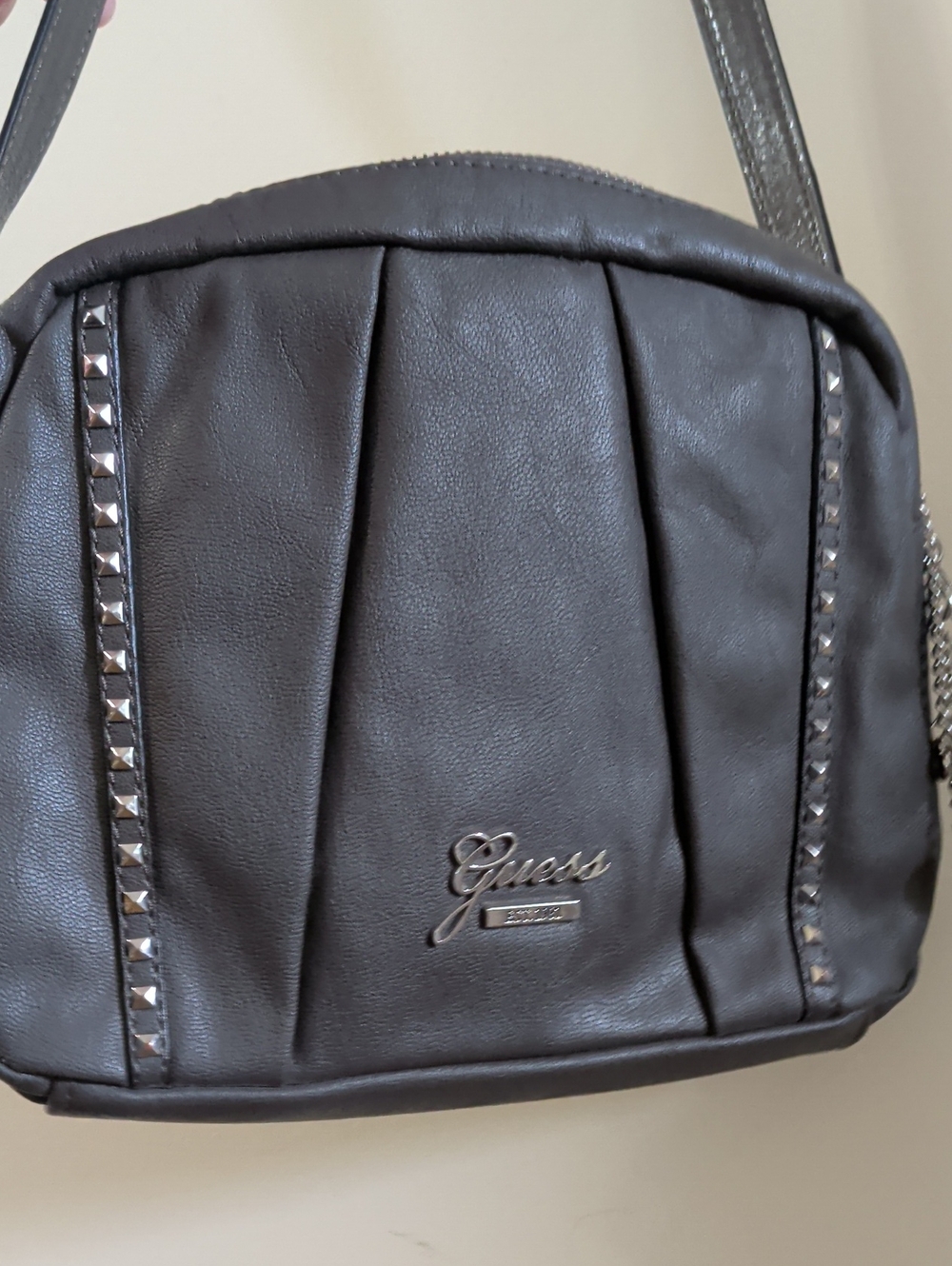 Guess Grey Faux-Leather Stud Trim Crossbody Bag